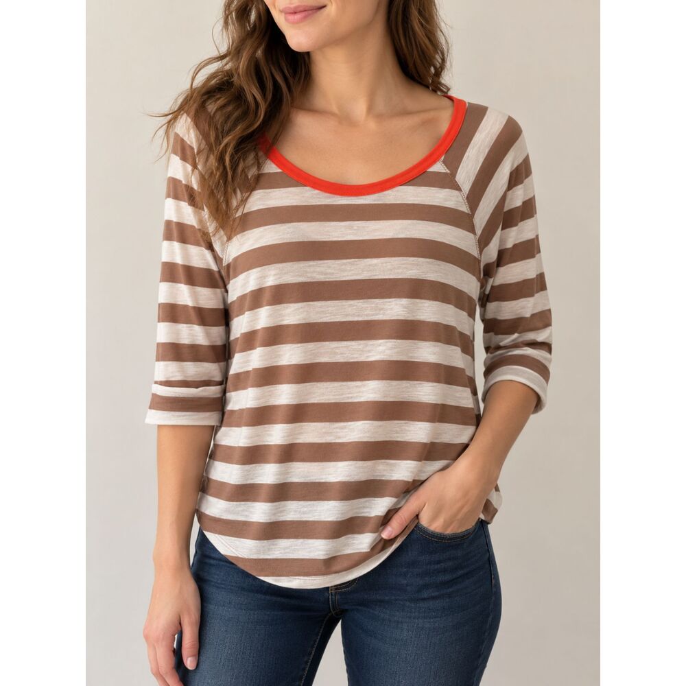 Splendid Women’s XS Brown Ivory Striped 3/4 Sleeve Top Orange Trim USA
